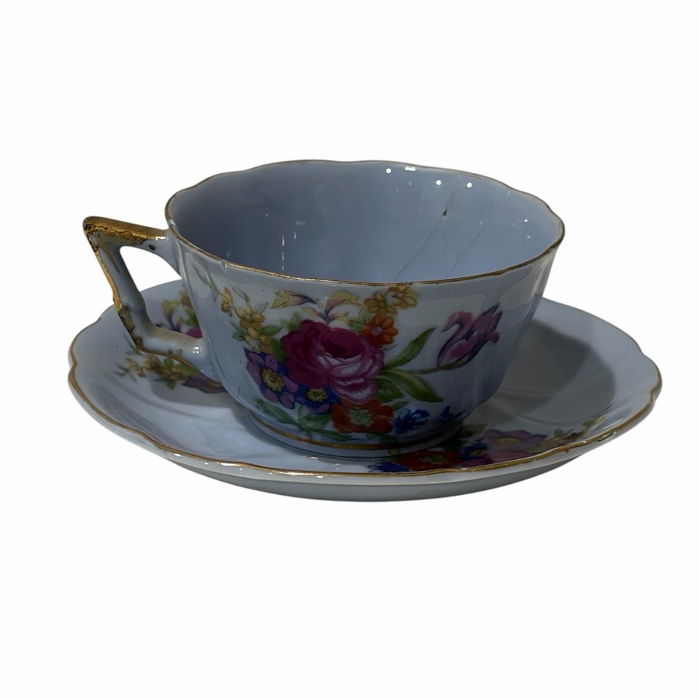 Vintage Richard Japan Teacup Set Blue Gold Flowers Cottage Core